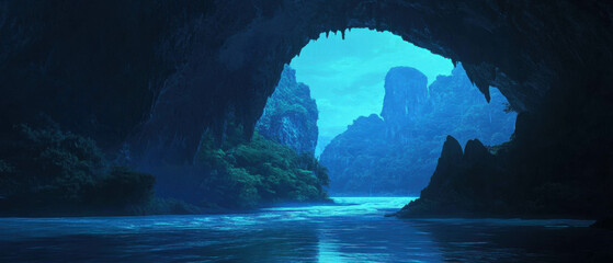 Mystical underground river flowing through a dark cave with shimmering blue water