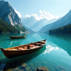 Obraz premium Large lake with wooden boats and distant mountains, scenery, lake, boats