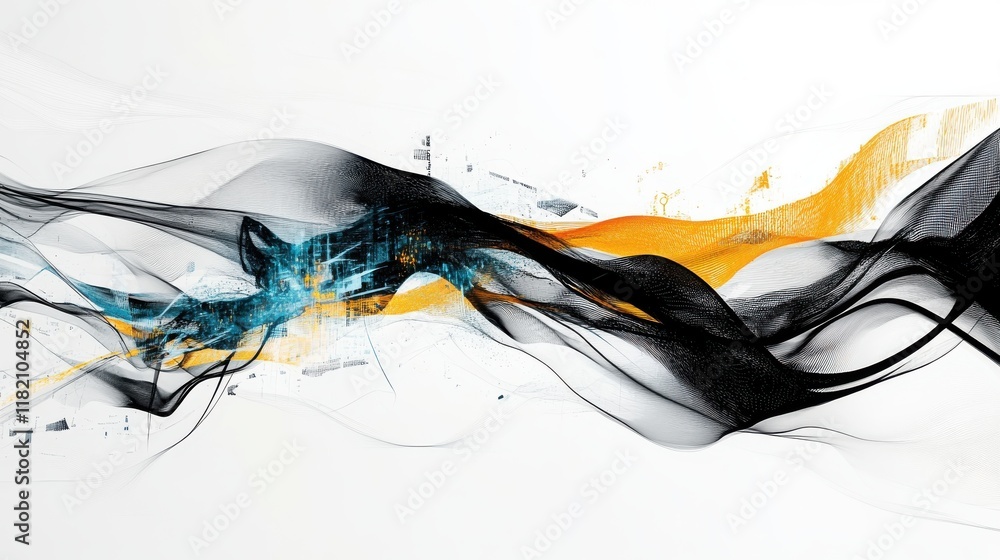 Poster dynamic abstract artwork of interconnected lines and wavelike curves clean background high detail te