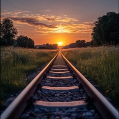 Obraz premium A high-angle view of an airport track stretching towards a sunrise, symbolizing journey and hope.