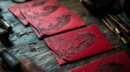 envelopes featuring intricate dragon designs laid out on a table, symbolizing the prosperity of Chinese New Year.