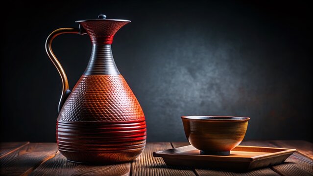 Silhouette of Antique Japanese Choshi Sake Decanter with Lacquered Lid against Black Background