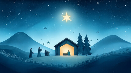 Fototapeta premium Nativity scene with jesus mary and joseph in serene background