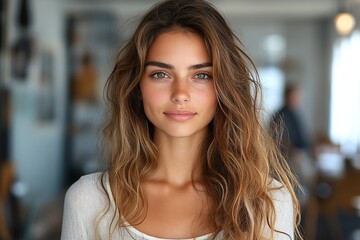 Fototapeta premium A young woman with wavy hair and a natural look, smiling softly in a cozy indoor setting.