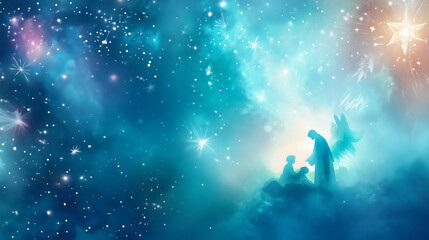 Obraz premium Nativity scene of jesus mary joseph in starry background artistic view
