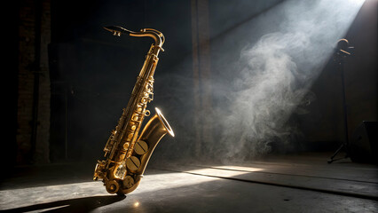 Naklejka premium Golden Saxophone Under Dramatic Spotlight with Wisps of Smoke