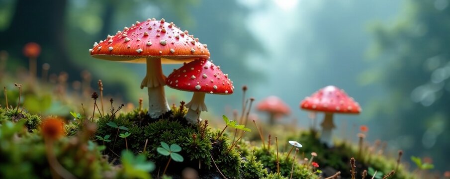 Delicate parasola conopilea mushrooms growing in a misty chapel foreground, detail, chapel