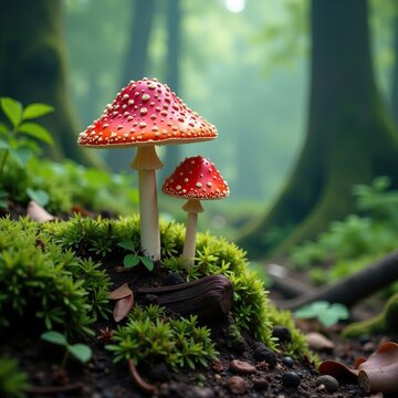 Delicate parasola conopilea mushrooms growing in a misty chapel foreground, forest, growth, nature