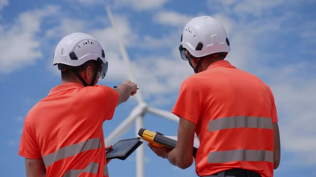 In a wind farm, a rear view shows two Asian inspectors reviewing data on a tablet and clipboard to analyze system performance and blade rotation at varying wind speeds. Engineer Wind Turbine.
