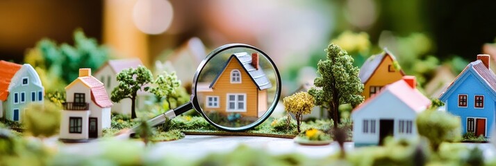 Magnifying glass focusing on a miniature house in a residential area, symbolizing the concept of real estate investment, property search, and home buying