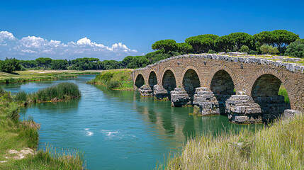Fototapeta premium Ancient Roman Bridge over Serene River: A Picturesque Italian Landscape