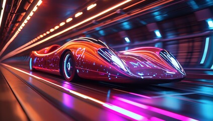 Neon lights abstracted into a digital technology tunnel. Futuristic scene with network lines, big data, data centers, servers, internet, and speed. 3D render