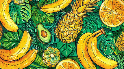 A tropical fruit pattern with hand-drawn pineapples, bananas, and papayas in bright yellows and greens