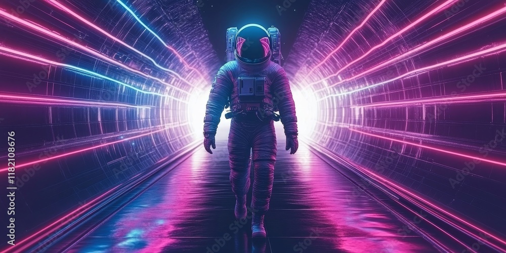 Aufkleber astronaut, helmet and walking in spaceship tunnel for launch, moon journey and mission for science r