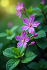 Naklejka premium Delicate purple flowers bloom on a bush with large oval-shaped leaves, leaves, blossom, floral