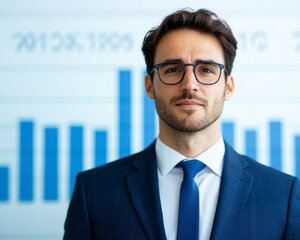 Confident Business Leader Presenting Corporate Strategy with Data Analytics Charts in Background for Effective Goal Execution and Achievement