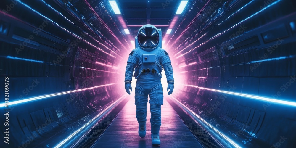 Aufkleber astronaut, helmet and walking in spaceship tunnel for launch, moon journey and mission for science r