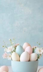Pastel Easter Basket with Colorful Eggs and Flowers - Ideal for Easter, Spring, and Mothers Day Celebrations