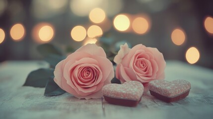 Romantic Valentine's Day backdrop adorned with roses, chocolates, and generous copy area