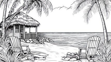 Tropical beach hut, chairs, ocean view, palm trees, relaxation