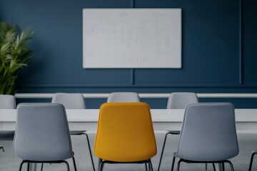 Fototapeta premium Modern meeting room interior with stylish gray chairs, vibrant yellow seating, and a large whiteboard for dynamic planning and execution discussions
