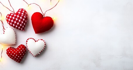 Fototapeta premium Background suitable for Valentine's Day with discounts appliedRed and white heart-shaped gift tags dangling on rope over a blurry festive backdrop