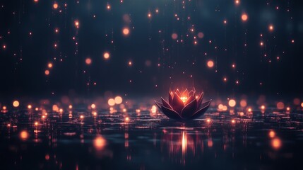 Obraz premium Illuminated Lotus Flower Glowing in Dark Water with Falling Lights
