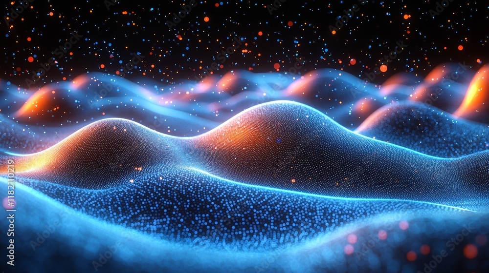Poster dark blue and glowing particle abstract background. 3d rendering