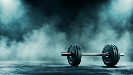 Weight training equipment in a gym setting with dramatic lighting and smoke effects creating an intense atmosphere