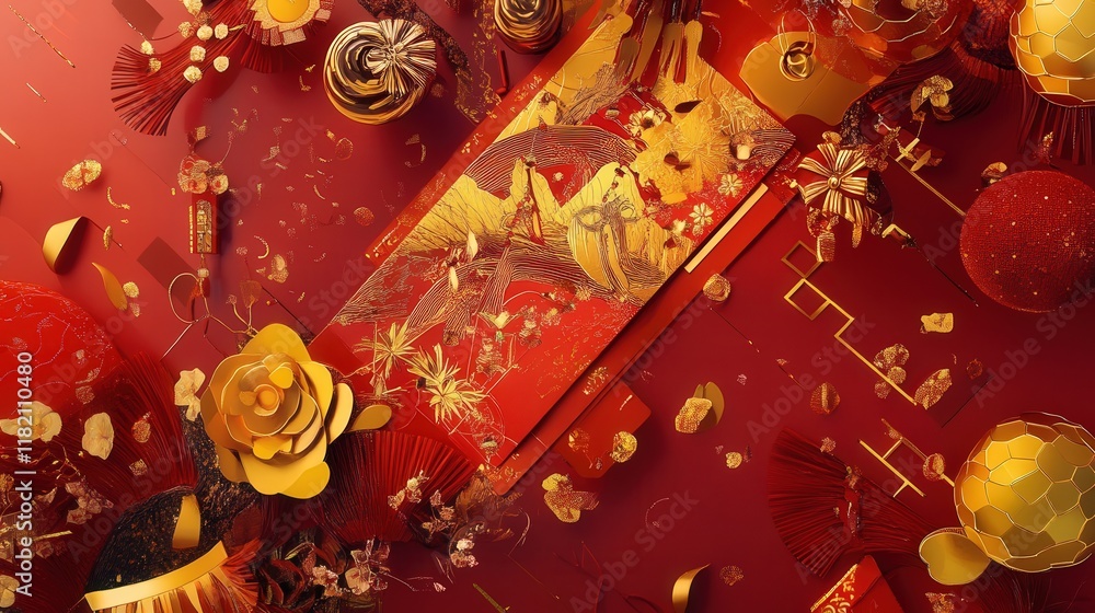 Fototapete chinese new year 2025 red envelope adorned with intricate patterns of gold and surrounded by traditi