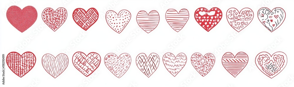 Poster a set of heart lines in a hand-drawn doodle style, featuring a linear red color and isolated on a tr