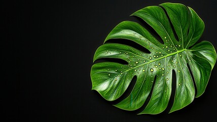 Fototapeta premium Lush Green Leaf with Dew Drops on a Dark Background, Photorealistic Texture Captured in High Detail, Perfect for Nature and Botanical Themes