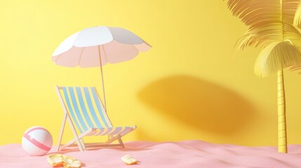 Beach chair, umbrella, ball, palm, summer, yellow, sand, relaxation, 3D render, vacation