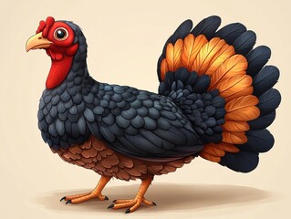 A cartoon-style turkey with vibrant feathers and a cheerful expression.