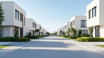 Obraz premium Modern Clean City Street View with Contemporary Architecture, Greenery, and Bright Sky Capturing a Serene Urban Environment in High Resolution