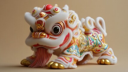 Chinese New Year lion dance toy with colorful designs, golden accents, and movable parts for interactive play