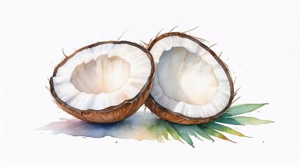 Fresh Split Coconut Watercolor in Natural Browns and Whites with Tropical Accent