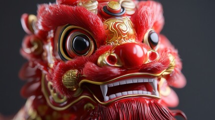 Naklejka premium detailed toy lion dance figure featuring a red and gold body, with moving parts to mimic the traditional lion dance.