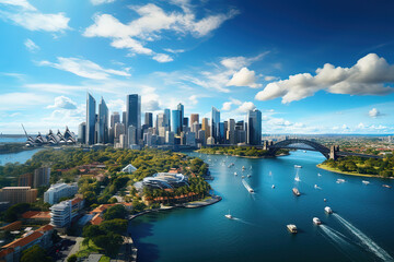 Obraz premium Vibrant City Skyline with Waterfront and Boats