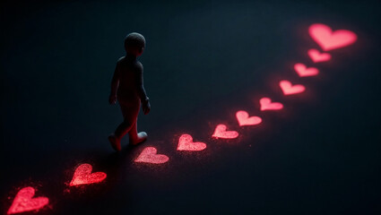Silhouette of a person walking a path of glowing red hearts.  Concept of love, journey, hope.
