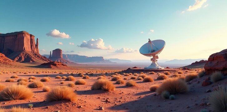 Desert landscape with radar dish observatory in background, radar dish, solitude, California