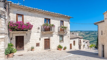 Italian Hilltop Village Street Scene with Flowers