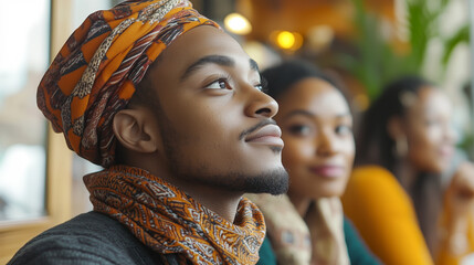 Young African man wearing a vibrant headwrap, smiling while sitting in a cozy cafe with friends, exuding warmth and joy in a relaxed atmosphere.