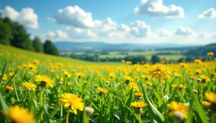 Fototapeta premium Dotted with bright yellow dandelions and patches of wildflowers, wildflowers, landscape photography