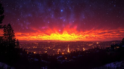 Vibrant sunset over city skyline at night, stars visible.