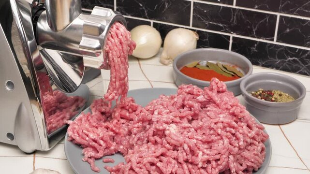 The process of obtaining minced meat using an electric meat grinder. Minced meat of medium fat content crawls out through the grate of the working chamber of the meat grinder and falls into a plate.
