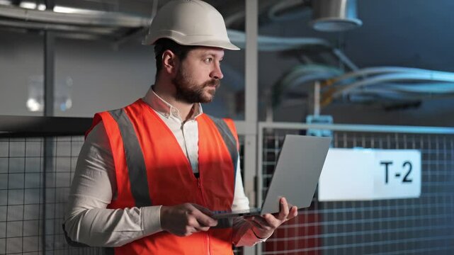 Serious electrical engineer with a beard types on a laptop in a dark server room. Focused male worker in a white helmet and orange uniform works in electrical control room near electrical switchboard.