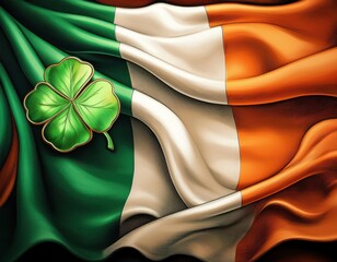 A lively illustration of the Irish flag adorned with a vibrant shamrock for St. Patricks Day.