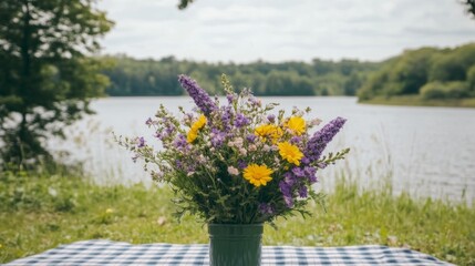 Obraz premium Lakeside Picnic with Vibrant Wildflower Bouquet