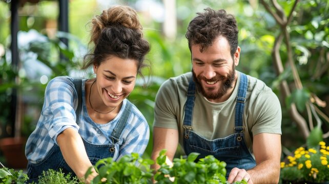 A joyful couple gardening together, tending to plants in a lush, green environment, showcasing their love for nature and teamwork.